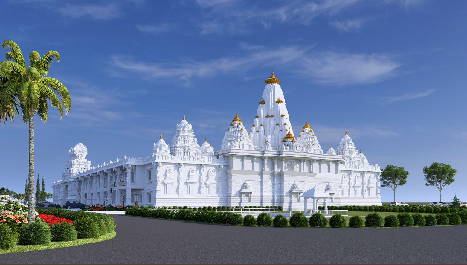 Daytime approach view of the temple