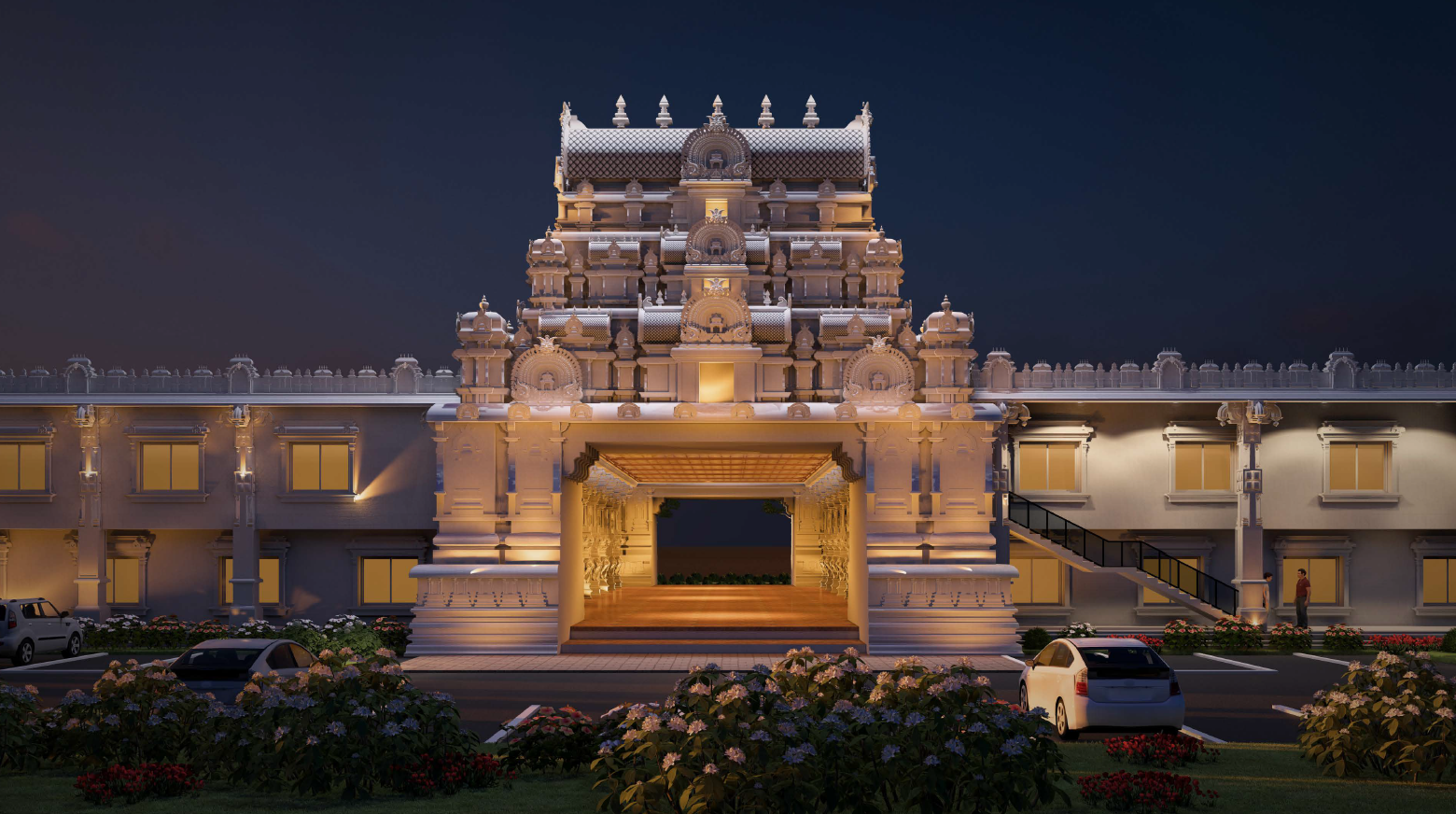 Temple entrance gopuram illuminated at night