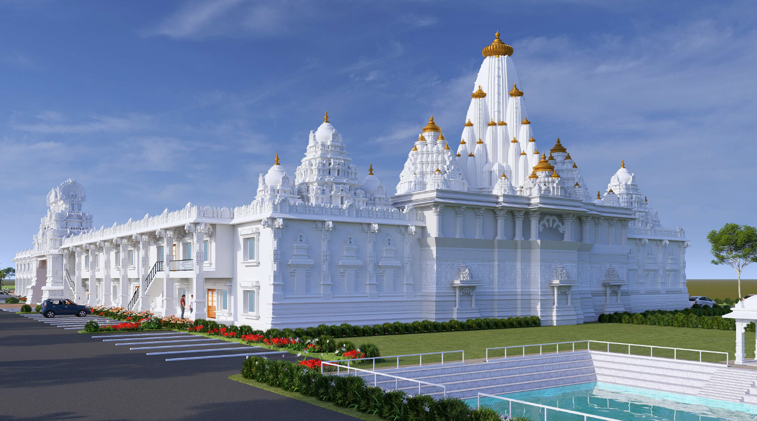 Temple with water feature and gardens